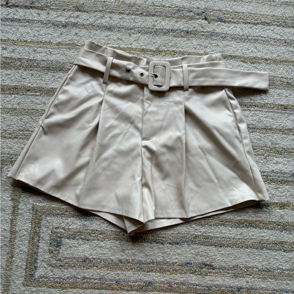 Do+Be High Waisted Belted Pleated Cream Leather Shorts